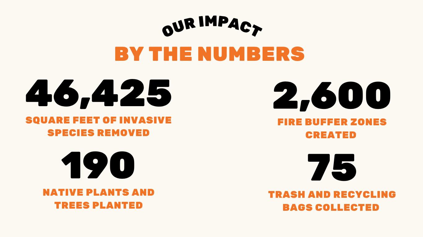 46,425 square feet of invasive species removed    10 trees planted    180 plants planted    2,600 square feet of fire buffer zones created    50 bags of recycling collected    25 trash bags collected 