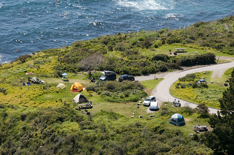 Aerial view of camping along the California coastline