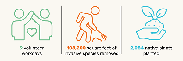 January Monthly Recap Volunteerism: 9 workdays   108,200 square feet of invasive species removed    2,084 native plants planted  