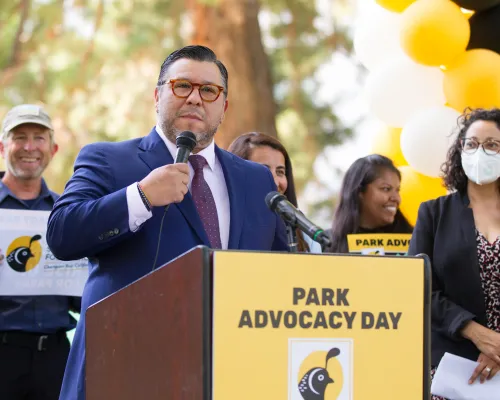 Assemblymember Eduardo Garcia encourages participants at Park Advocacy Day to Rise Up for Parks, and urges the governor to fund Outdoor Equity Grants. 