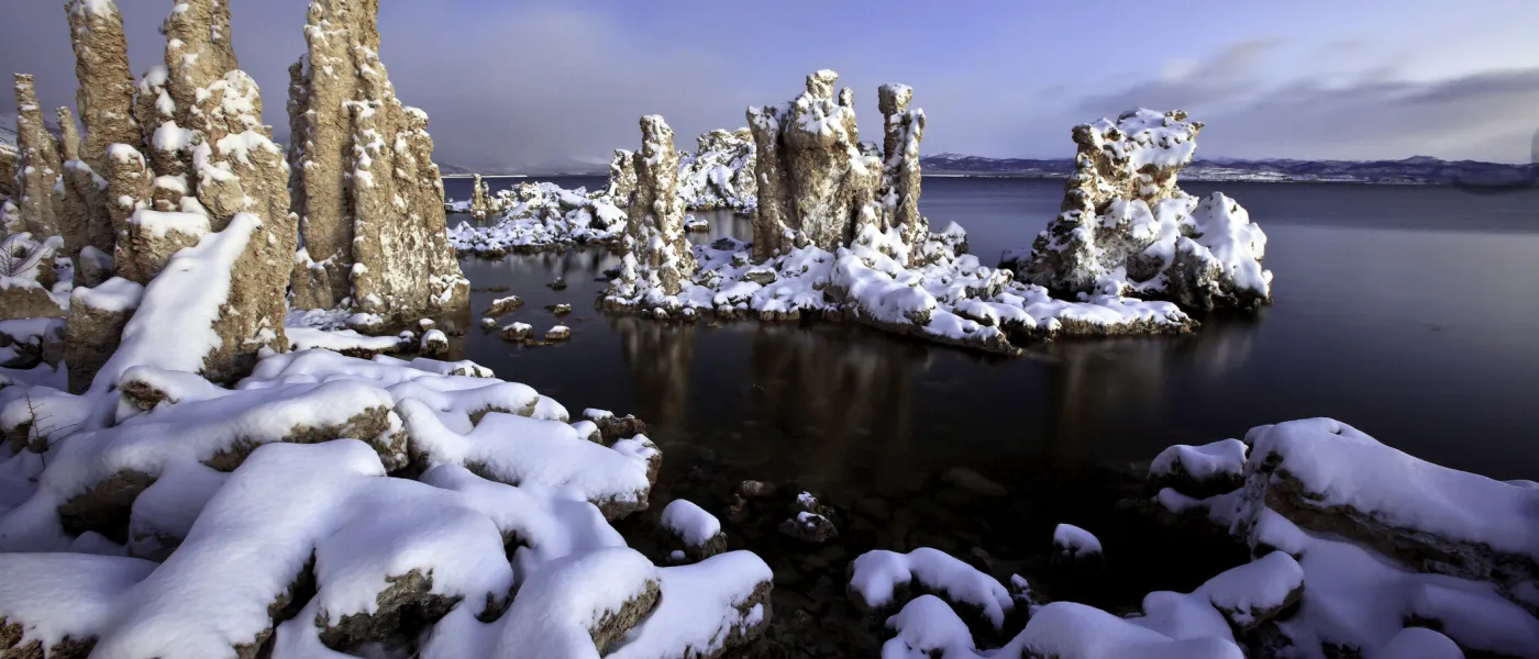 Tufa towers covered in snow at Mono Lake Tufa State Natural Reserve. 