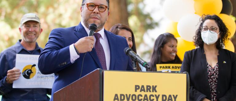 Assemblymember Eduardo Garcia encourages participants at Park Advocacy Day to Rise Up for Parks, and urges the governor to fund Outdoor Equity Grants. 