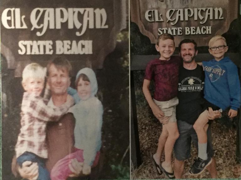 Our son and daughter, El Capitan State Beach, 1985 | Our son with his sons, 2017