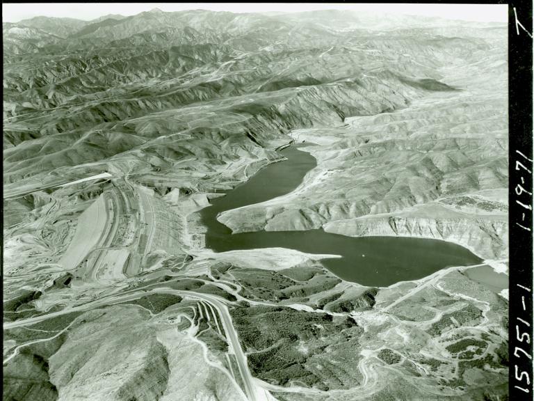 Aerial view of Castaic Lake, Castaic Lake State Recreation Area, 1971