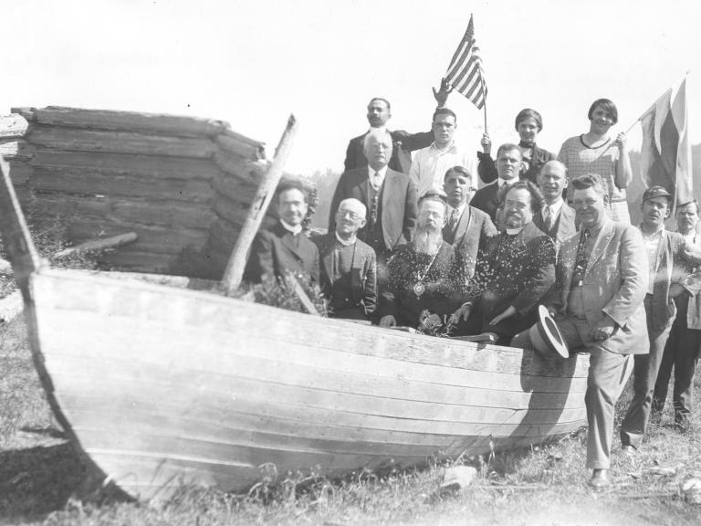 Clergy and pilgrims after the July 4th service, Fort Ross State Historic Park, 1927