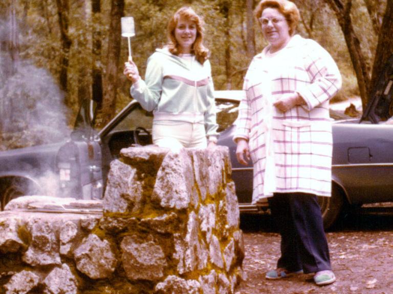 Alisa and Gloria flipping burgers, 1978. Big Basin Redwoods State Park