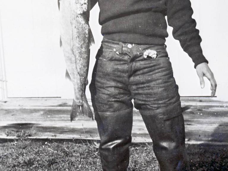 Mary Twight with salmon she caught, Van Damme State Park, mid-1940s