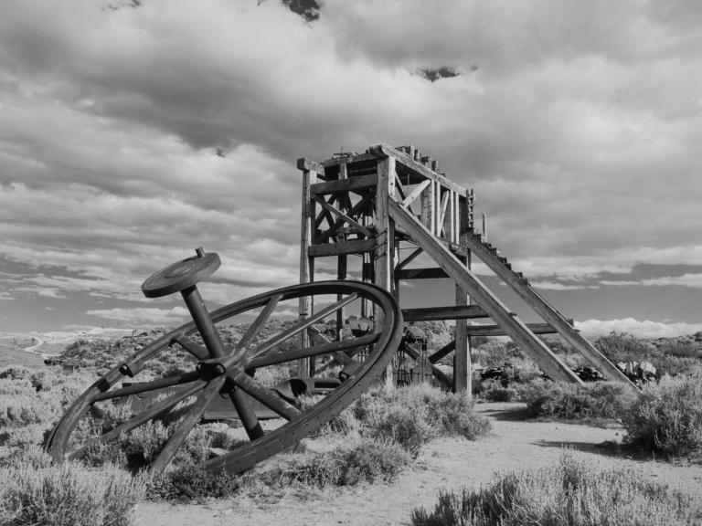 Wheel and scaffold, Bodie State Historic Park