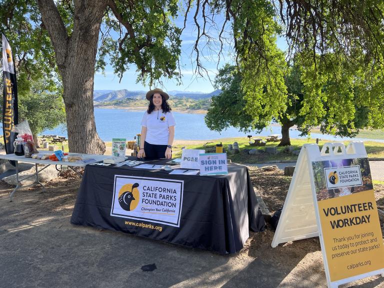 volunteering working behind a table outside at a public work day