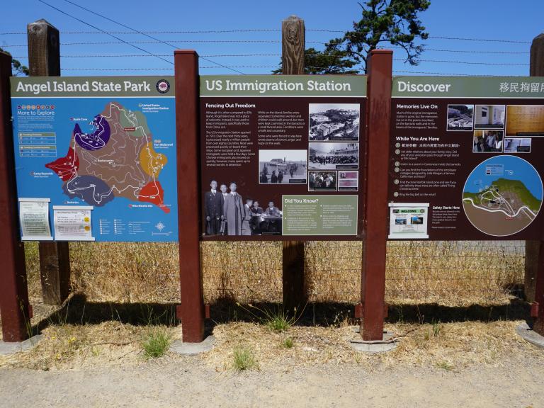 Wayfinding signage along the Perimeter Trail at Angel Island State Park.   