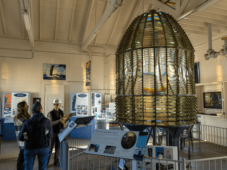 The Fresnel lens lens, currently housed in the Fog Signal Building, will be returned to the top of the lighthouse.