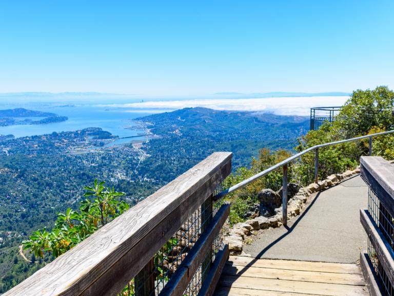 Panoramic view from Mount Tamalpais State Park featuring the San Francisco Bay, rolling green hills, low coastal fog, and a scenic overlook trail with wooden railings in the foreground.