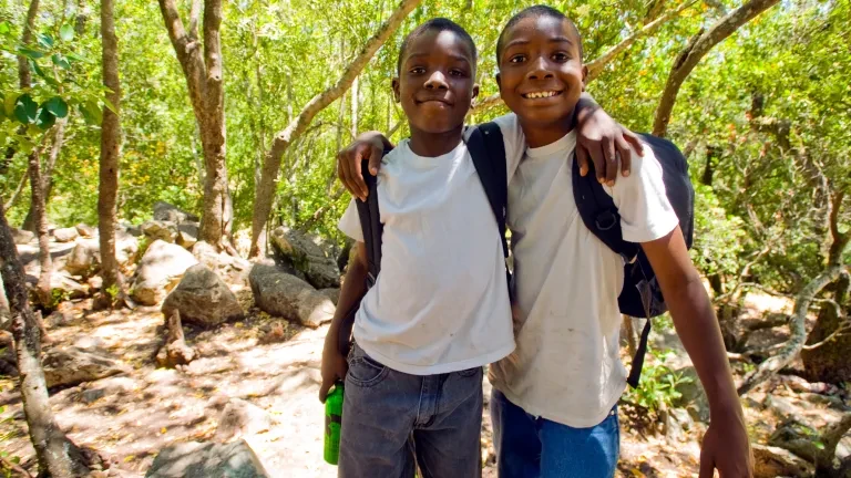 Two boys in wooded park