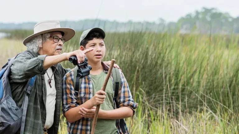 Older man with younger boy experience wetlands in a park.