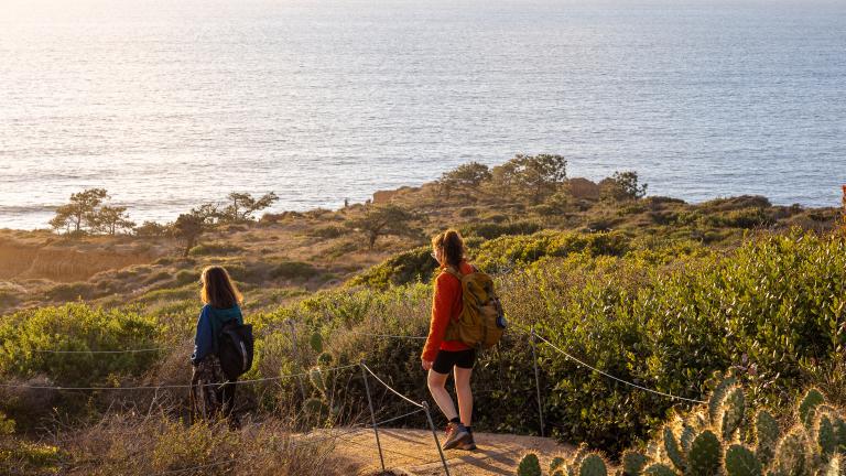 Two female presenting individuals hiking at Torrey Pines State Park