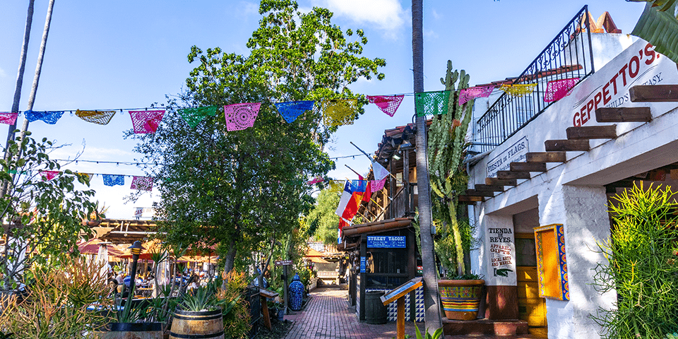 Colorful photo of flags at Old Town San Diego State Historic Park