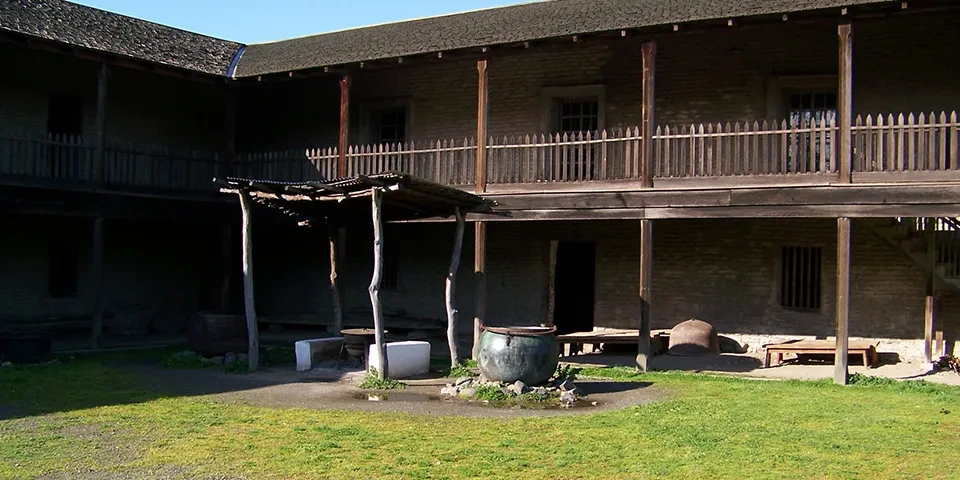 Old wooden buildings at Petaluma Adobe State Historic Park