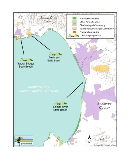 A map of locations of living shorelines. Arrows point to Natural Bridges State Beach, Seabright State Beach, and Salinas River State Beach