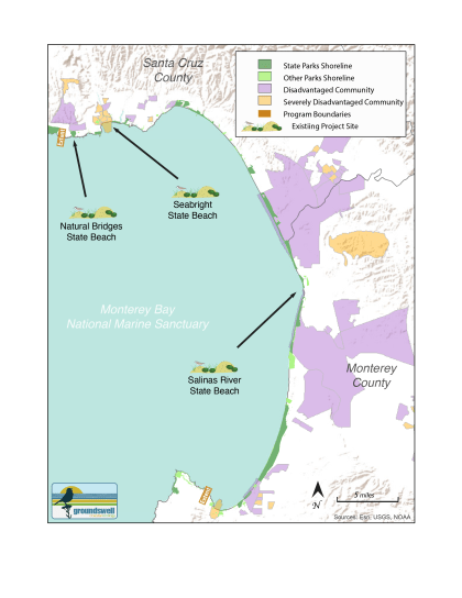 A map of locations of living shorelines. Arrows point to Natural Bridges State Beach, Seabright State Beach, and Salinas River State Beach