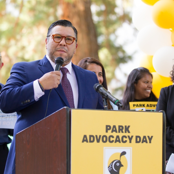 Assemblymember Eduardo Garcia encourages participants at Park Advocacy Day to Rise Up for Parks, and urges the governor to fund Outdoor Equity Grants. 