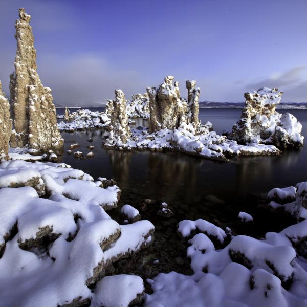 Tufa towers covered in snow at Mono Lake Tufa State Natural Reserve. 